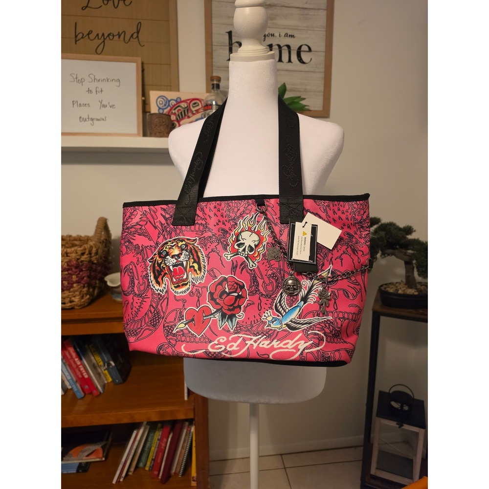 Ed Hardy Pink Tattoo Graphic Tote Bag Tiger Skull Rose Y2K Canvas Handbag NEW - Picture 1 of 2
